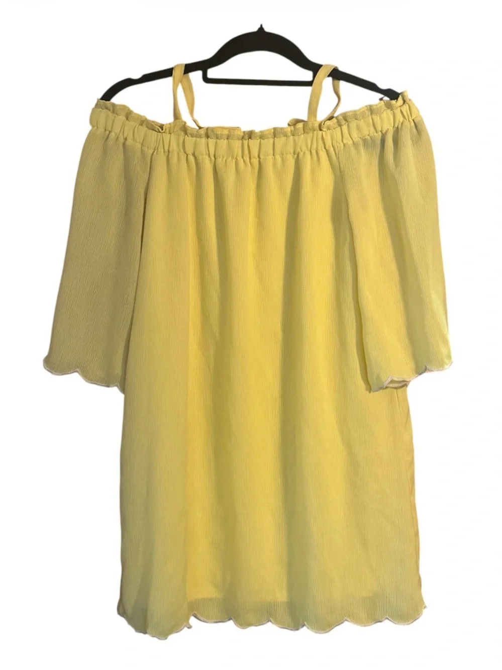 AS U Wish Butter Yellow Off Shoulder Dress Scallop Hem Chiffon Mini Dress Size S